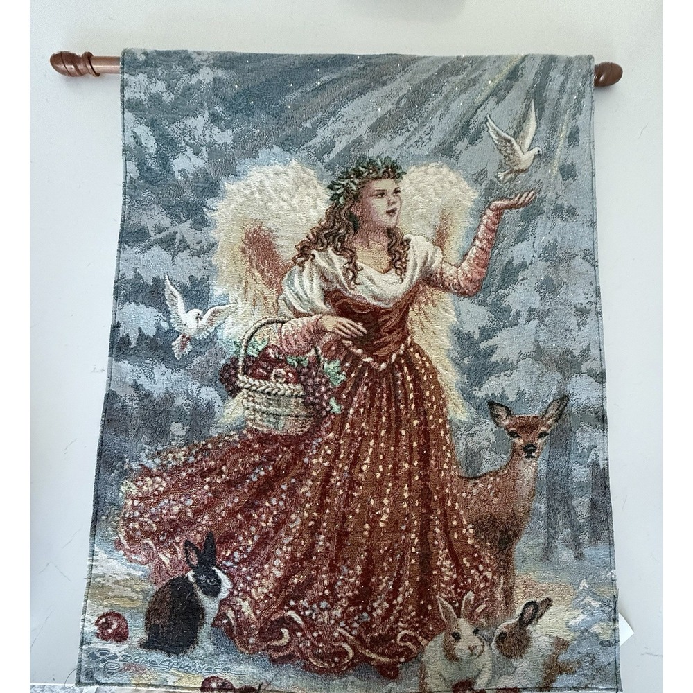Dona Gelsinger Christmas Angel Animals Wall Hanging 26x36 Tapestry w/ Rod Works